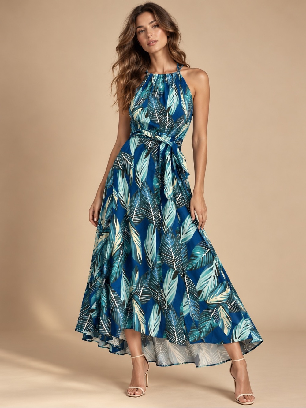 Bloomchic Blue Tropical Palm Leaf Maxi Dress 18/20 Coastal Resort Vacation